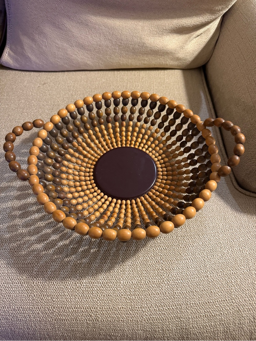 Vintage Wood Beaded Basket Fruit Bowl 10”